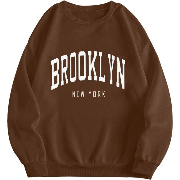 ⚡Women Brown Brooklyn Imported Graphic Crewneck Long Sleeve Pullover Sweatshirt - Picture 1 of 5